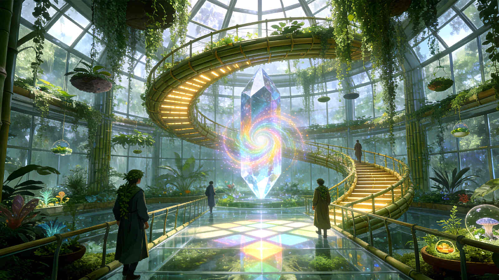 Glass conservatory, Living glass architecture, Botanical greenhouse design, Glass Conservatory Chronicles: A New Beginning at the Root Hall Academy